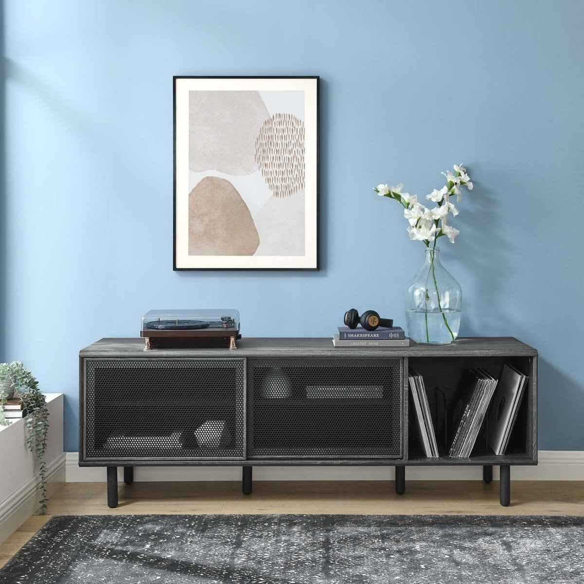 Modern TV and Vinyl Record Stand with Mesh Sliding Doors 67 Inch - TV Stands available at Alpine Outlets in Denver