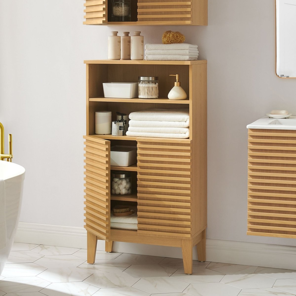 Oak Bathroom Cabinet Set with Freestanding and Wall-Mounted Storage - Bathroom Fixtures - Alpine Outlets
