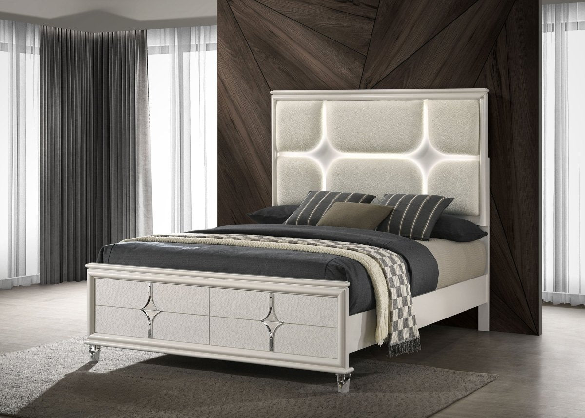 Olivia Queen Panel Bed with LED Headboard - Pearl White - Beds available at Alpine Outlets in Denver