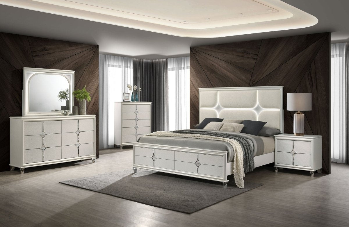Olivia Queen Panel Bed with LED Headboard - Pearl White - Beds available at Alpine Outlets in Denver