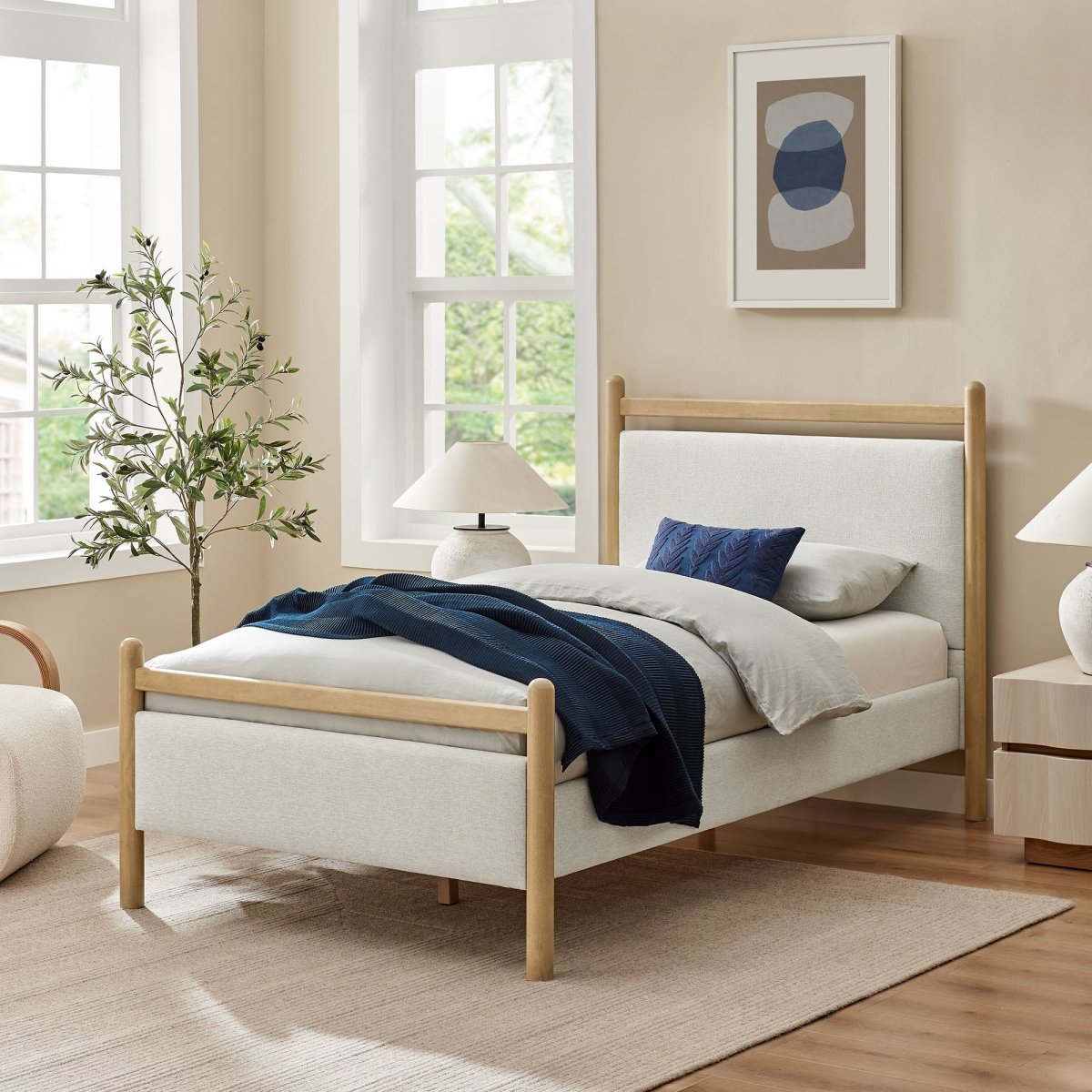Padded Fabric Platform Bed with Light Oak Accents - Platform Bed available at Alpine Outlets in Denver