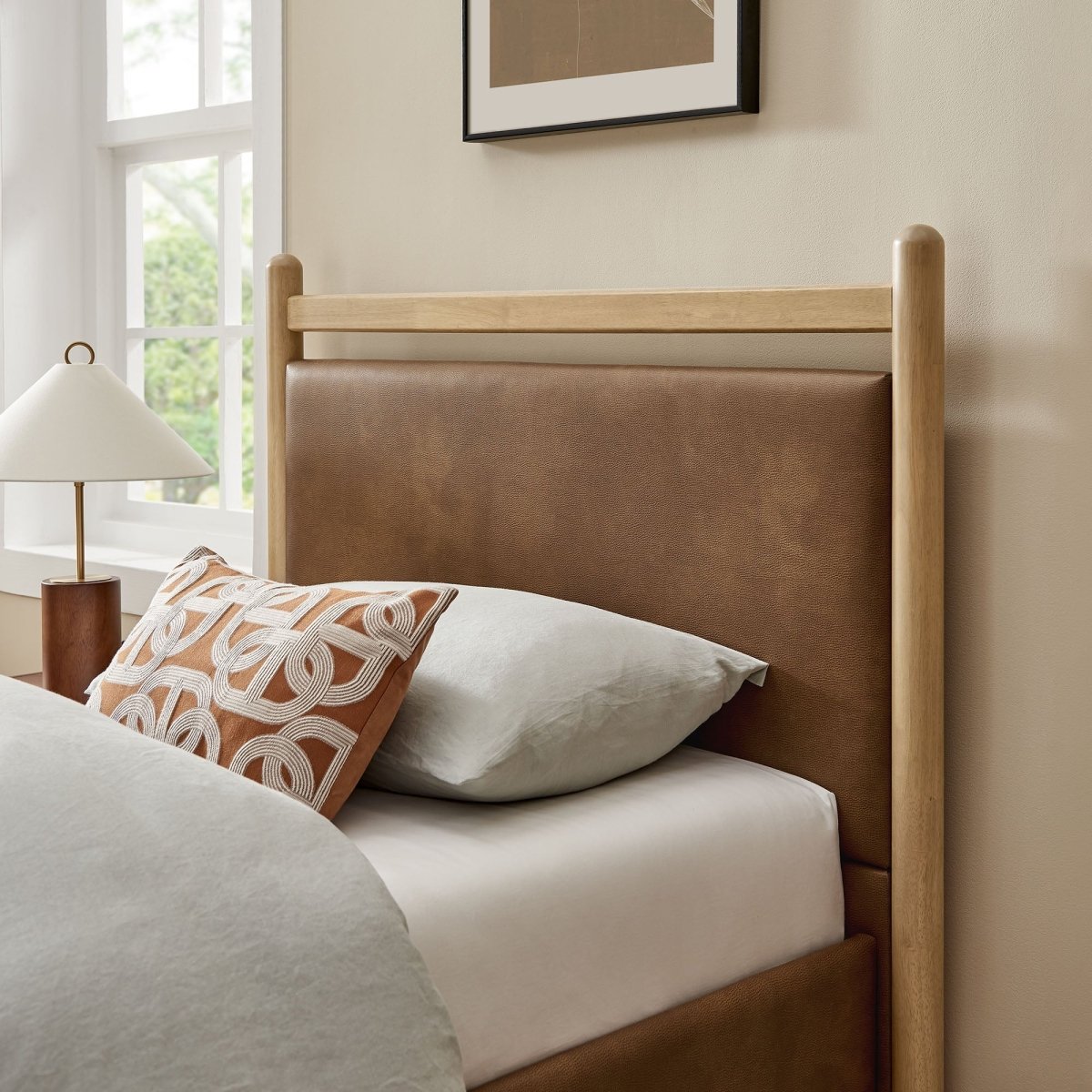 Padded Fabric Platform Bed with Light Oak Accents - Platform Bed available at Alpine Outlets in Denver
