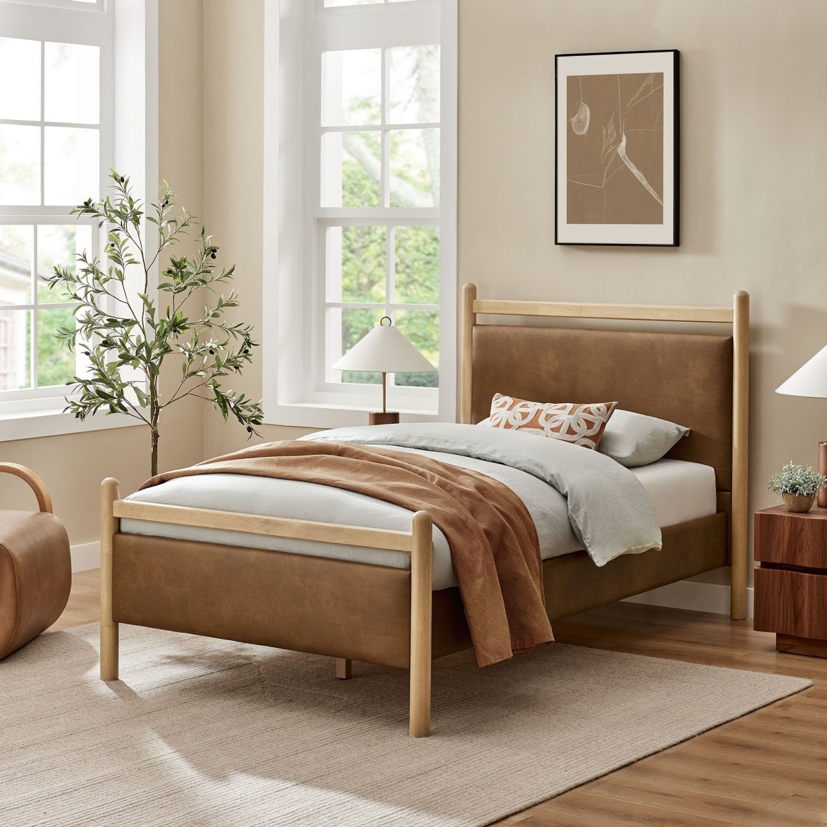 Padded Fabric Platform Bed with Light Oak Accents - Platform Bed available at Alpine Outlets in Denver