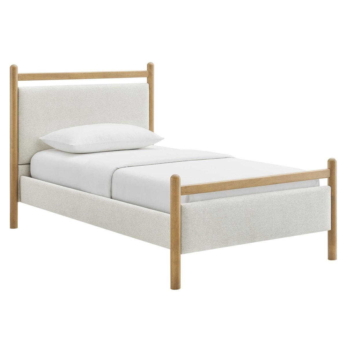 Padded Fabric Platform Bed with Light Oak Accents - Platform Bed available at Alpine Outlets in Denver