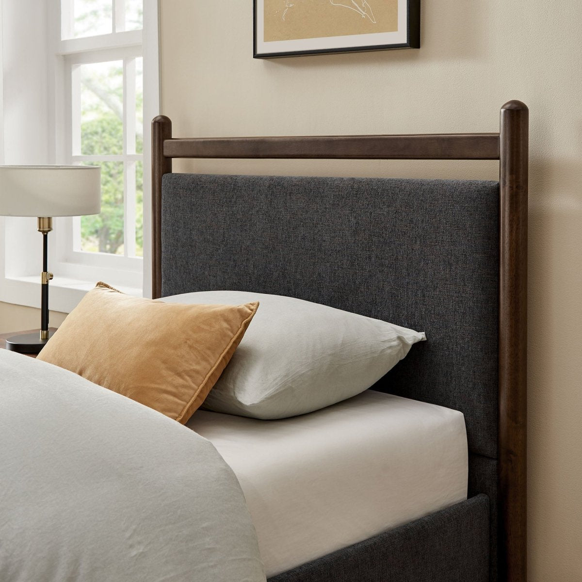Padded Fabric Platform Bed with Light Oak Accents - Platform Bed available at Alpine Outlets in Denver