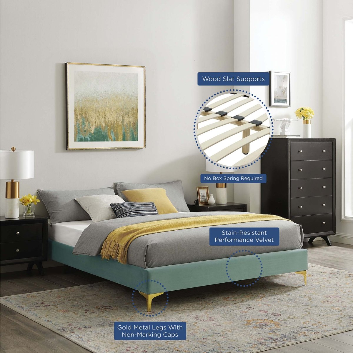 Performance Velvet Platform Bed Frame with Gold Metal Legs - Platform Bed available at Alpine Outlets in Denver