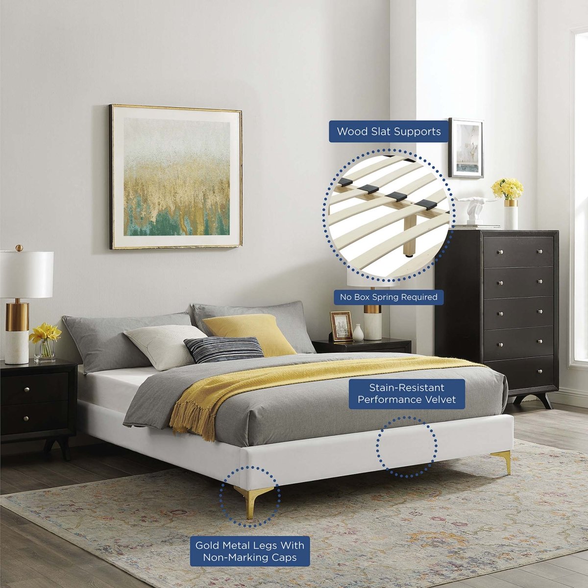 Performance Velvet Platform Bed Frame with Gold Metal Legs - Platform Bed available at Alpine Outlets in Denver