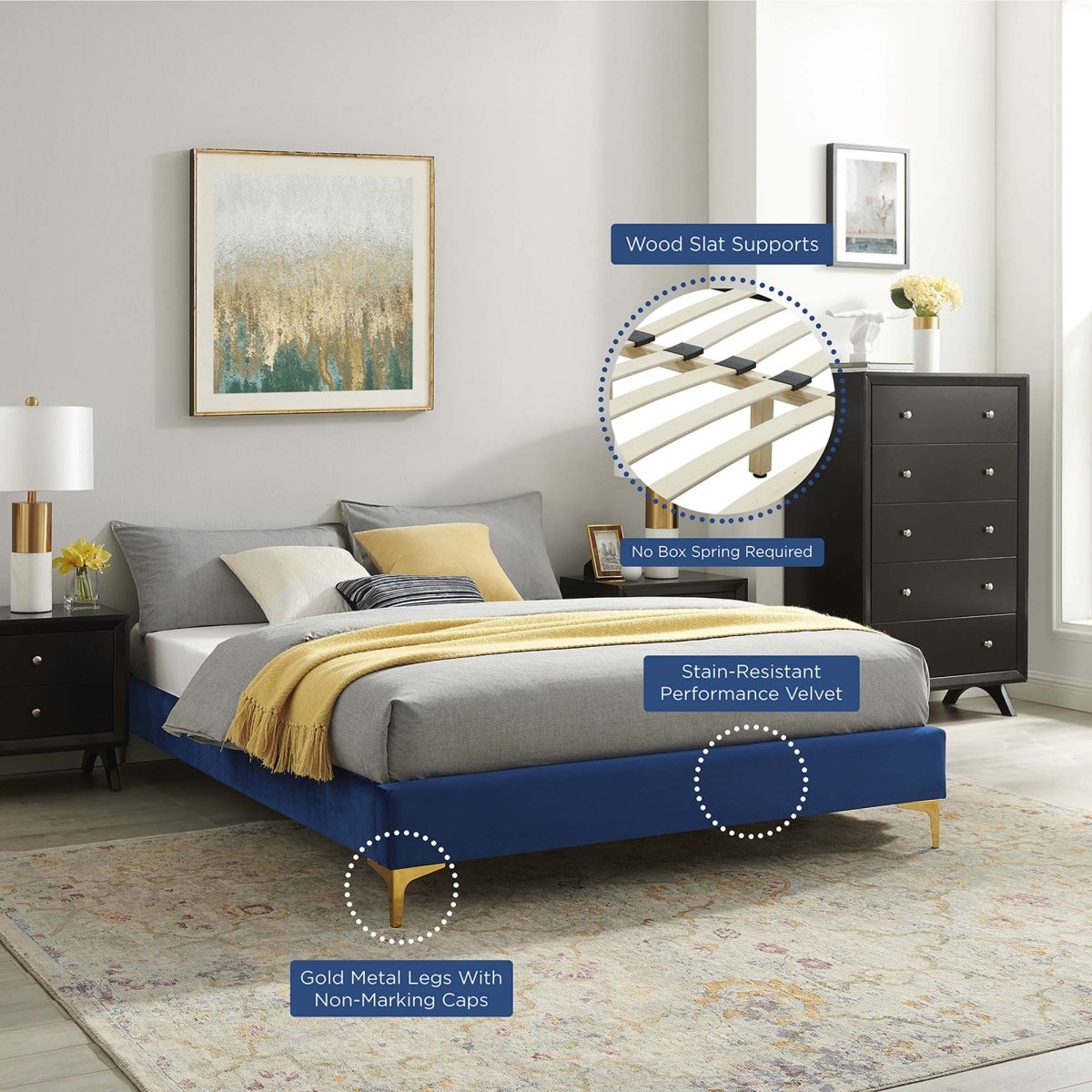 Performance Velvet Platform Bed Frame with Gold Metal Legs - Platform Bed available at Alpine Outlets in Denver