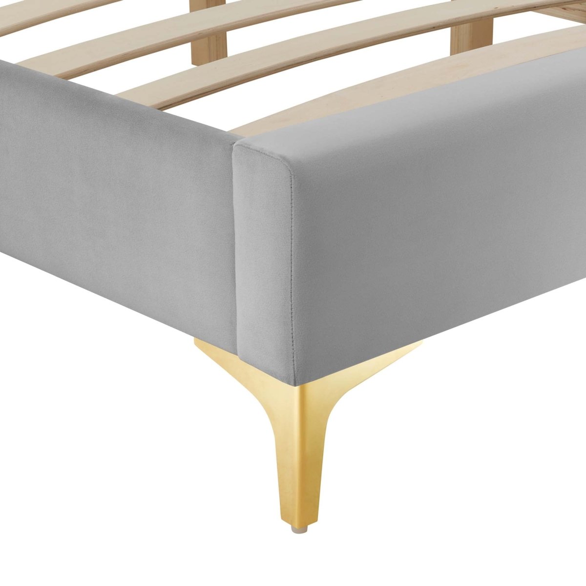 Performance Velvet Platform Bed Frame with Gold Metal Legs - Platform Bed available at Alpine Outlets in Denver