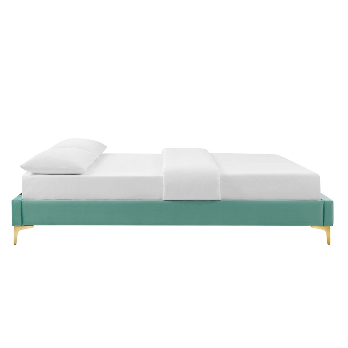 Performance Velvet Platform Bed Frame with Gold Metal Legs - Platform Bed available at Alpine Outlets in Denver