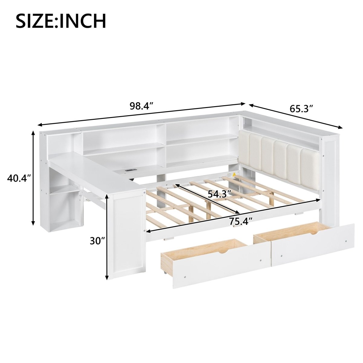Platform Bed With Storage Shelves, Drawers, Charging Station, LED, Desk - Storage Beds available at Alpine Outlets in Denver