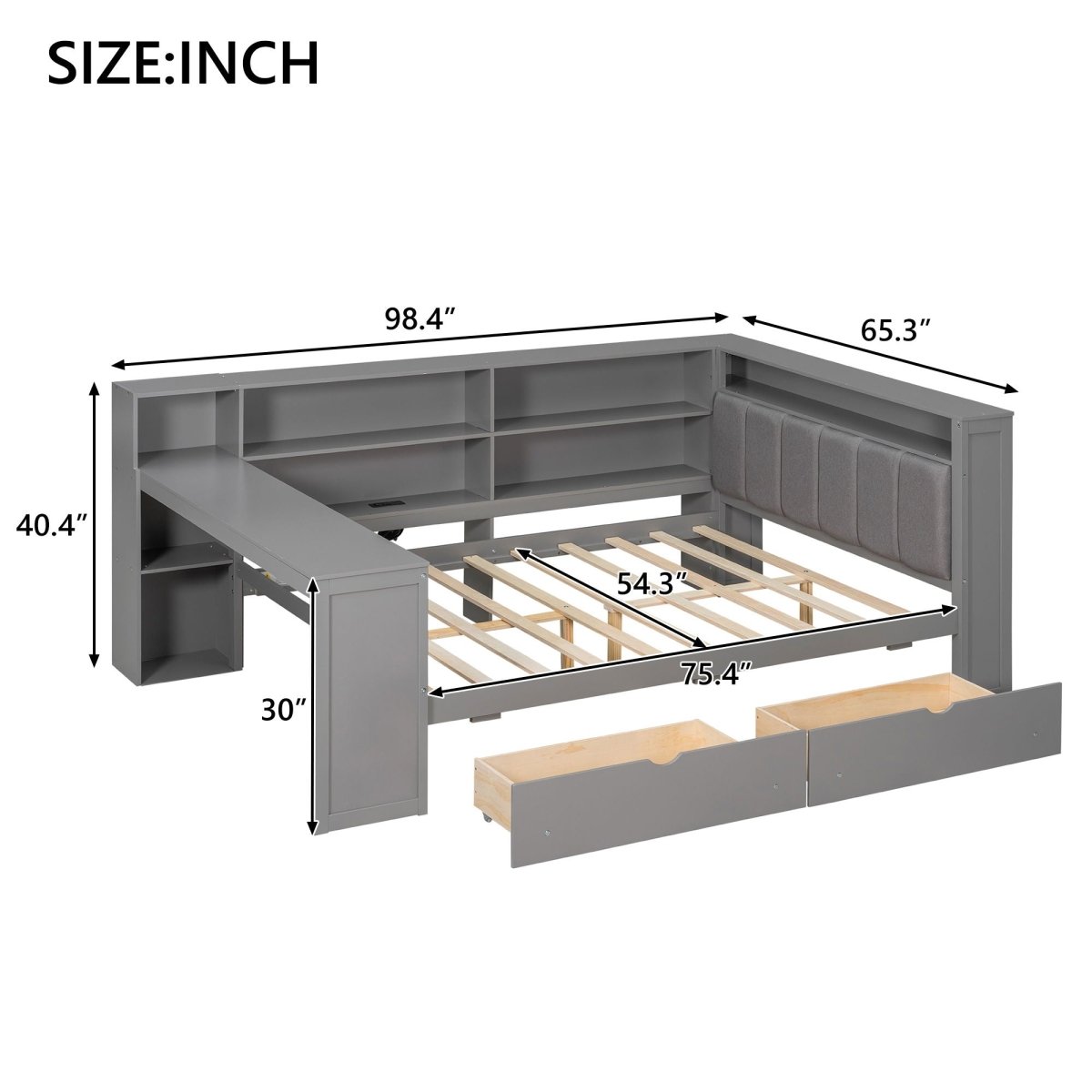 Platform Bed With Storage Shelves, Drawers, Charging Station, LED, Desk - Storage Beds available at Alpine Outlets in Denver