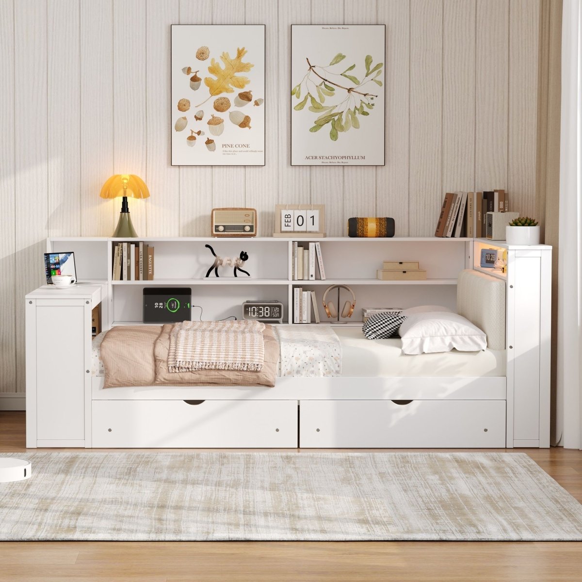 Platform Bed With Storage Shelves, Drawers, Charging Station, LED, Desk - Storage Beds available at Alpine Outlets in Denver