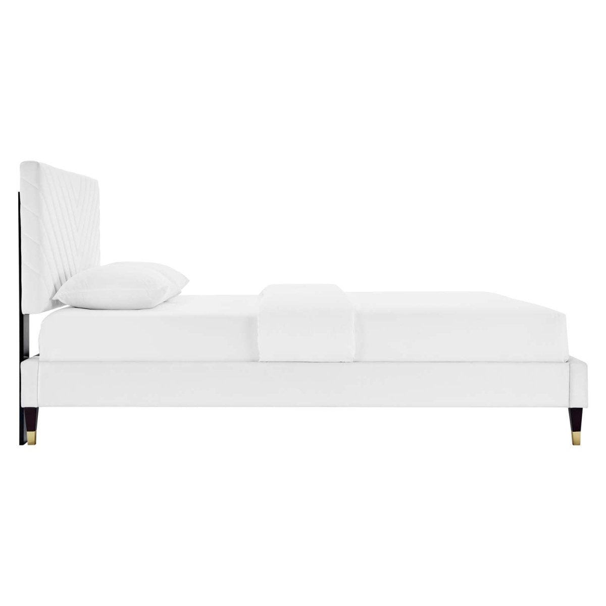 Queen Chevron Tufted Performance Velvet Platform Bed with Gold Detailed Wood Legs - Platform Bed available at Alpine Outlets in Denver