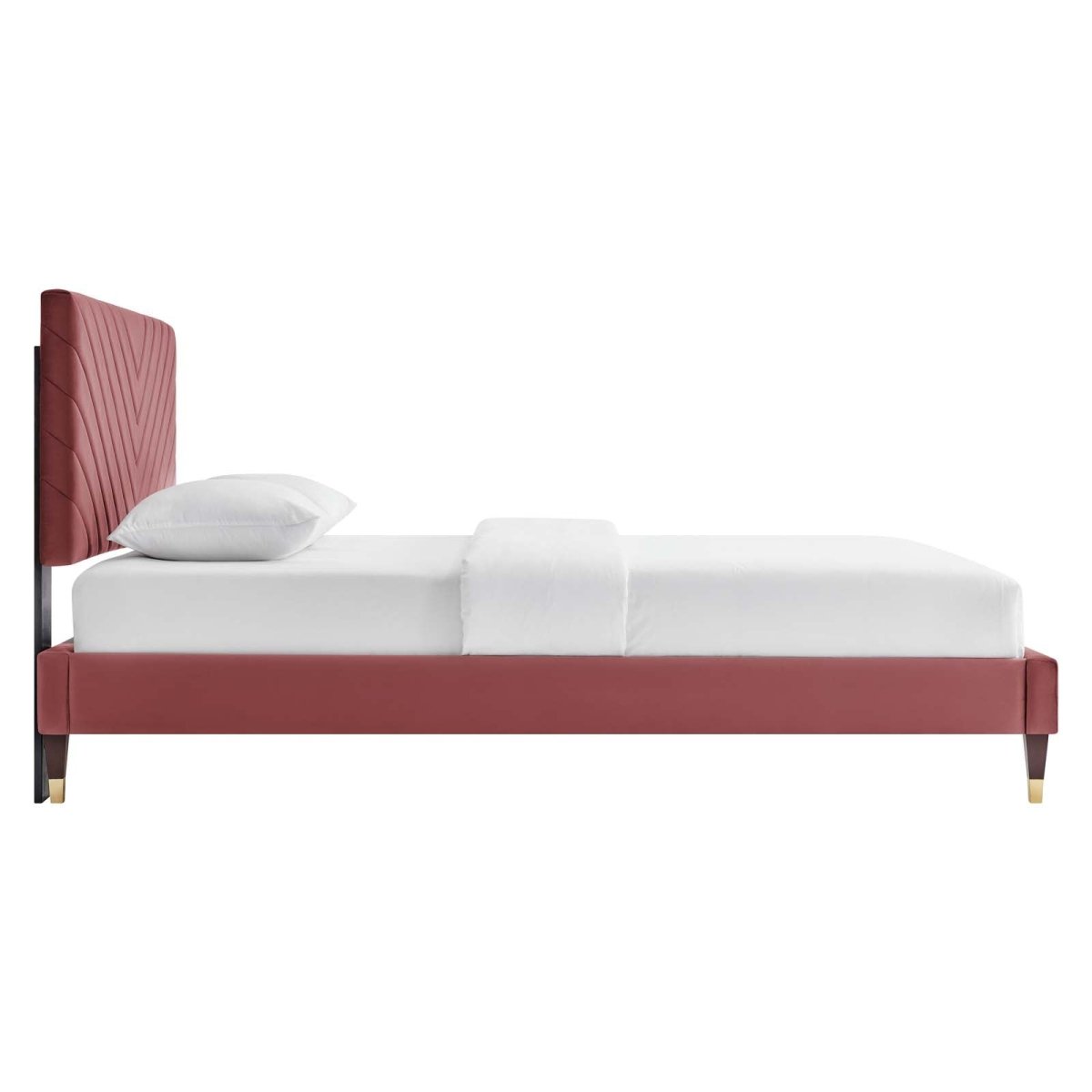 Queen Chevron Tufted Performance Velvet Platform Bed with Gold Detailed Wood Legs - Platform Bed available at Alpine Outlets in Denver