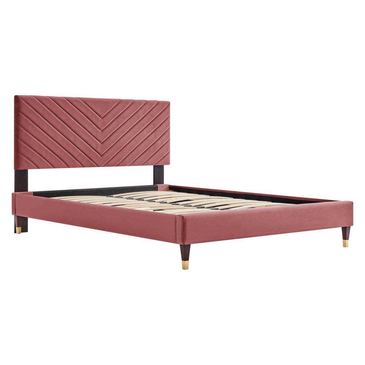 Queen Chevron Tufted Performance Velvet Platform Bed with Gold Detailed Wood Legs - Platform Bed available at Alpine Outlets in Denver