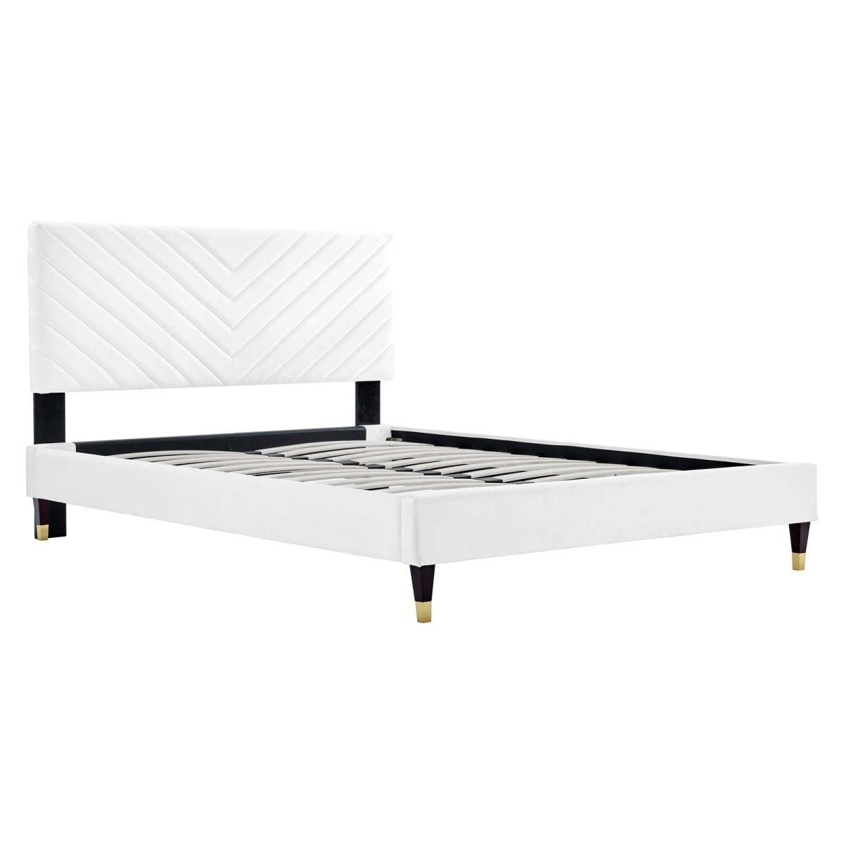 Queen Chevron Tufted Performance Velvet Platform Bed with Gold Detailed Wood Legs - Platform Bed available at Alpine Outlets in Denver