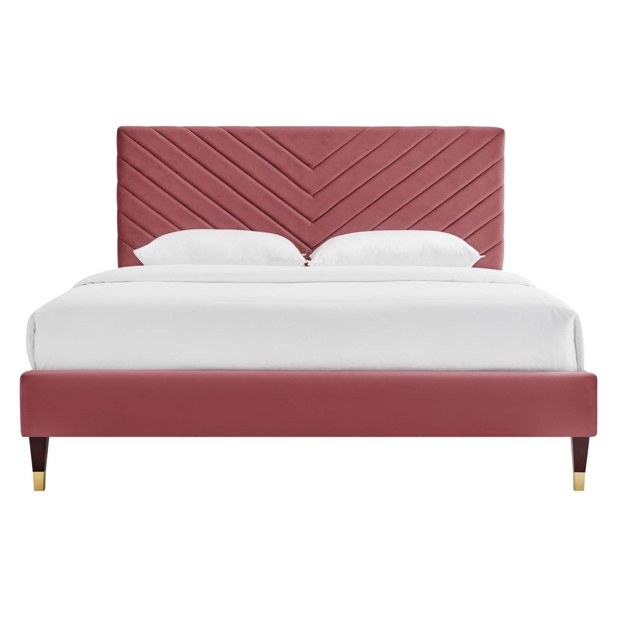 Queen Chevron Tufted Performance Velvet Platform Bed with Gold Detailed Wood Legs - Platform Bed available at Alpine Outlets in Denver