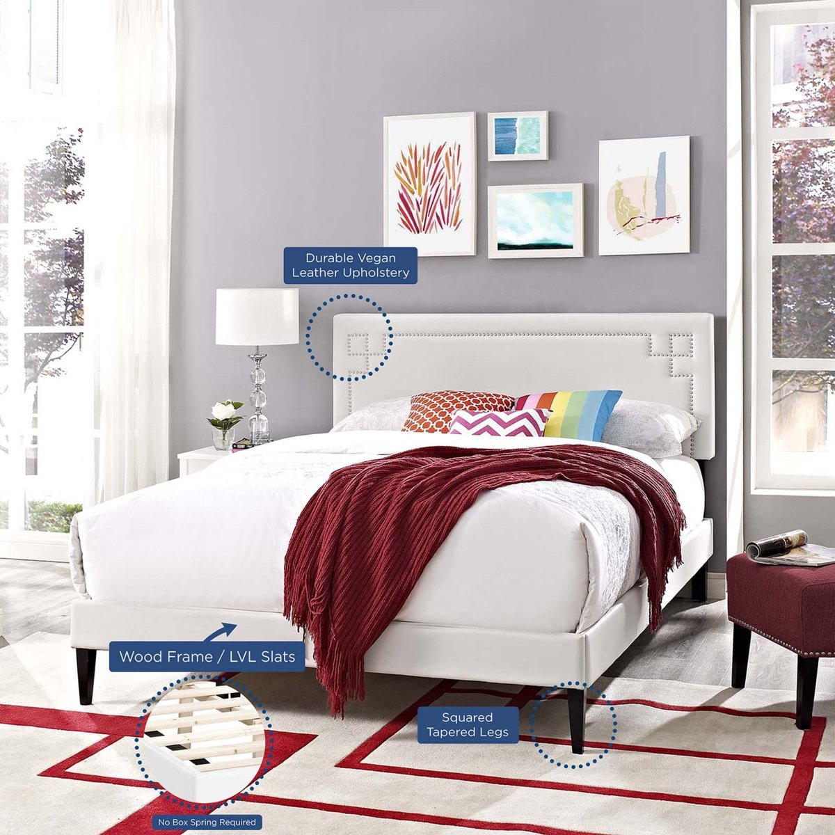 Queen Mid - Century Modern Upholstered Vinyl Platform Bed in White - Platform Bed available at Alpine Outlets in Denver