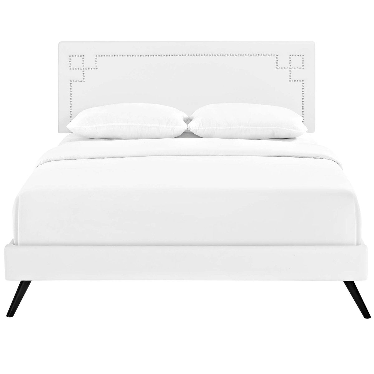 Queen Mid - Century Modern Upholstered Vinyl Platform Bed with Round Splayed Legs in White - Platform Bed available at Alpine Outlets in Denver