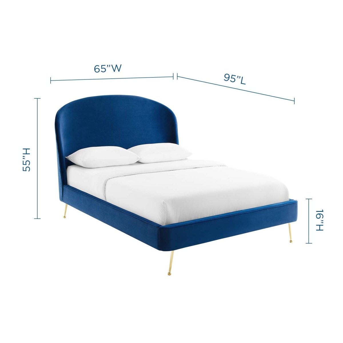 Queen Performance Velvet Platform Bed with Brushed Gold Splayed Legs in Navy - Platform Bed available at Alpine Outlets in Denver