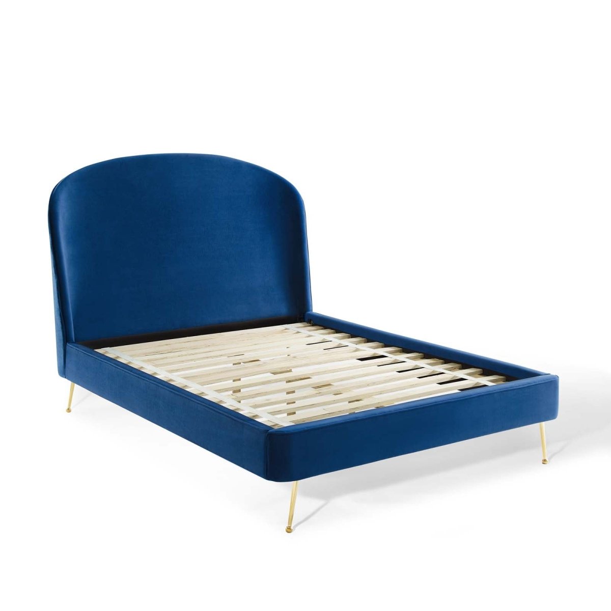 Queen Performance Velvet Platform Bed with Brushed Gold Splayed Legs in Navy - Platform Bed available at Alpine Outlets in Denver