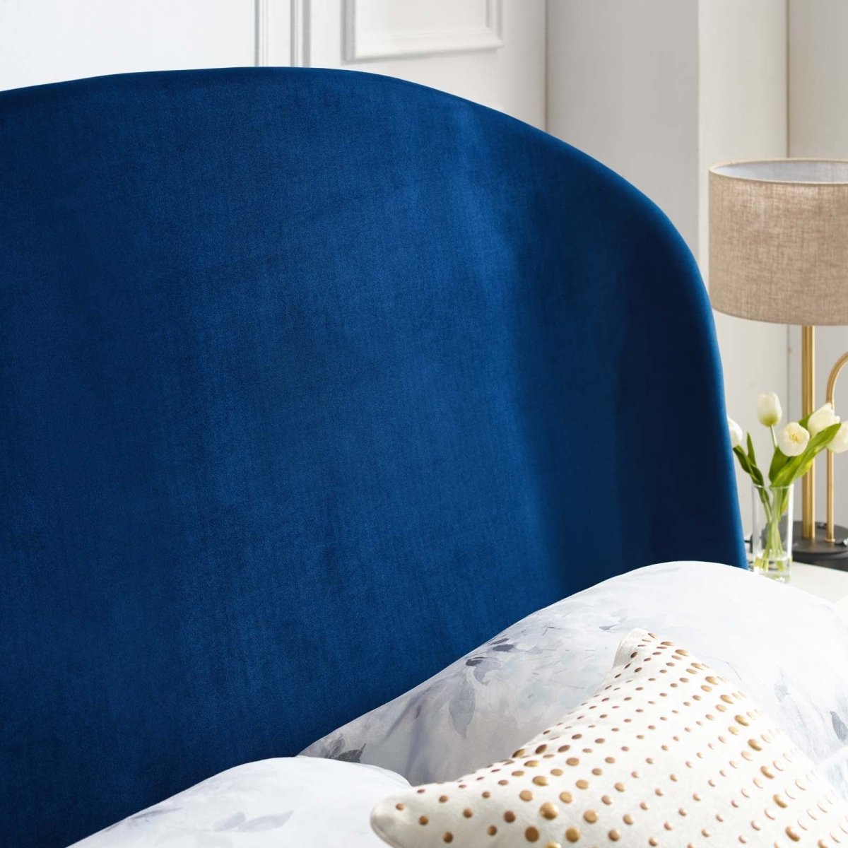 Queen Performance Velvet Platform Bed with Brushed Gold Splayed Legs in Navy - Platform Bed available at Alpine Outlets in Denver
