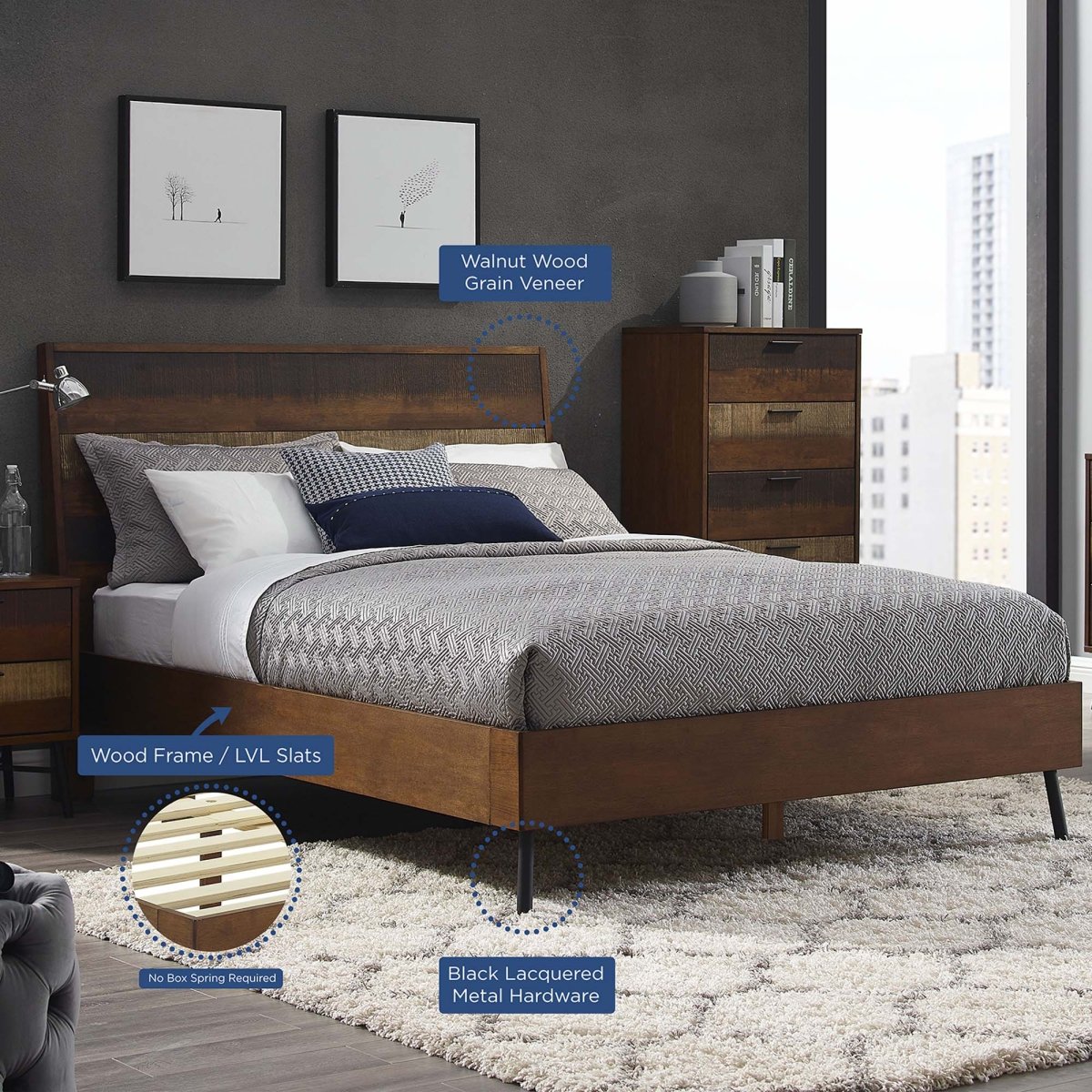 Queen Rustic Striped Wood Grain Platform Bed in Walnut - Platform Bed available at Alpine Outlets in Denver