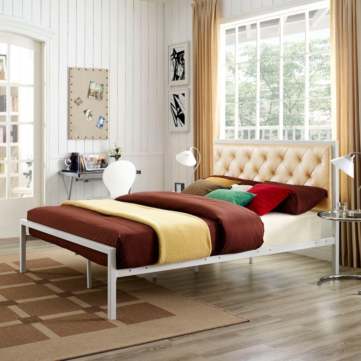 Queen Tufted Button Vinyl and Steel Platform Bed in White Champagne - Platform Bed available at Alpine Outlets in Denver