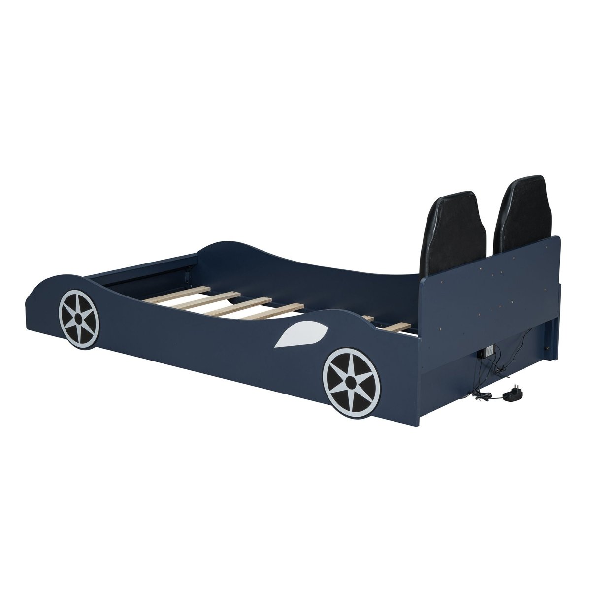 Race Car Shaped Platform Bed With LED And Upholstered Backrest In - Car Beds available at Alpine Outlets in Denver