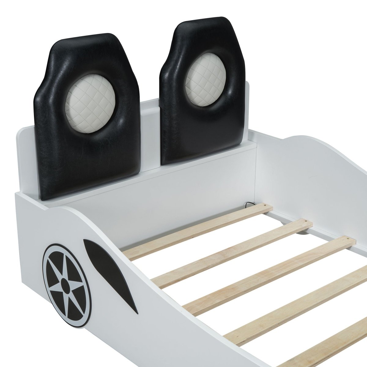 Race Car Shaped Platform Bed With LED And Upholstered Backrest In - Car Beds available at Alpine Outlets in Denver