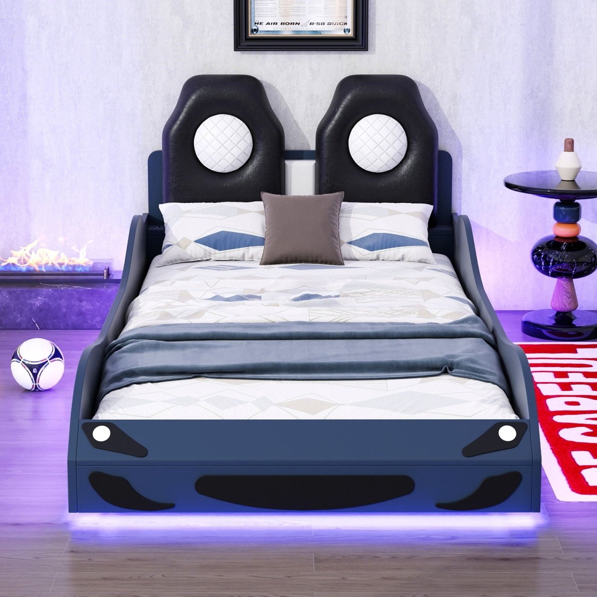 Race Car Shaped Platform Bed With LED And Upholstered Backrest In - Car Beds available at Alpine Outlets in Denver