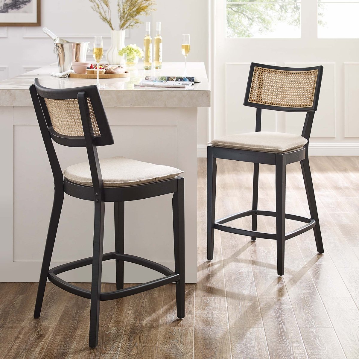 Rattan Back Wood Counter Stools Set of 2 - Stools available at Alpine Outlets in Denver