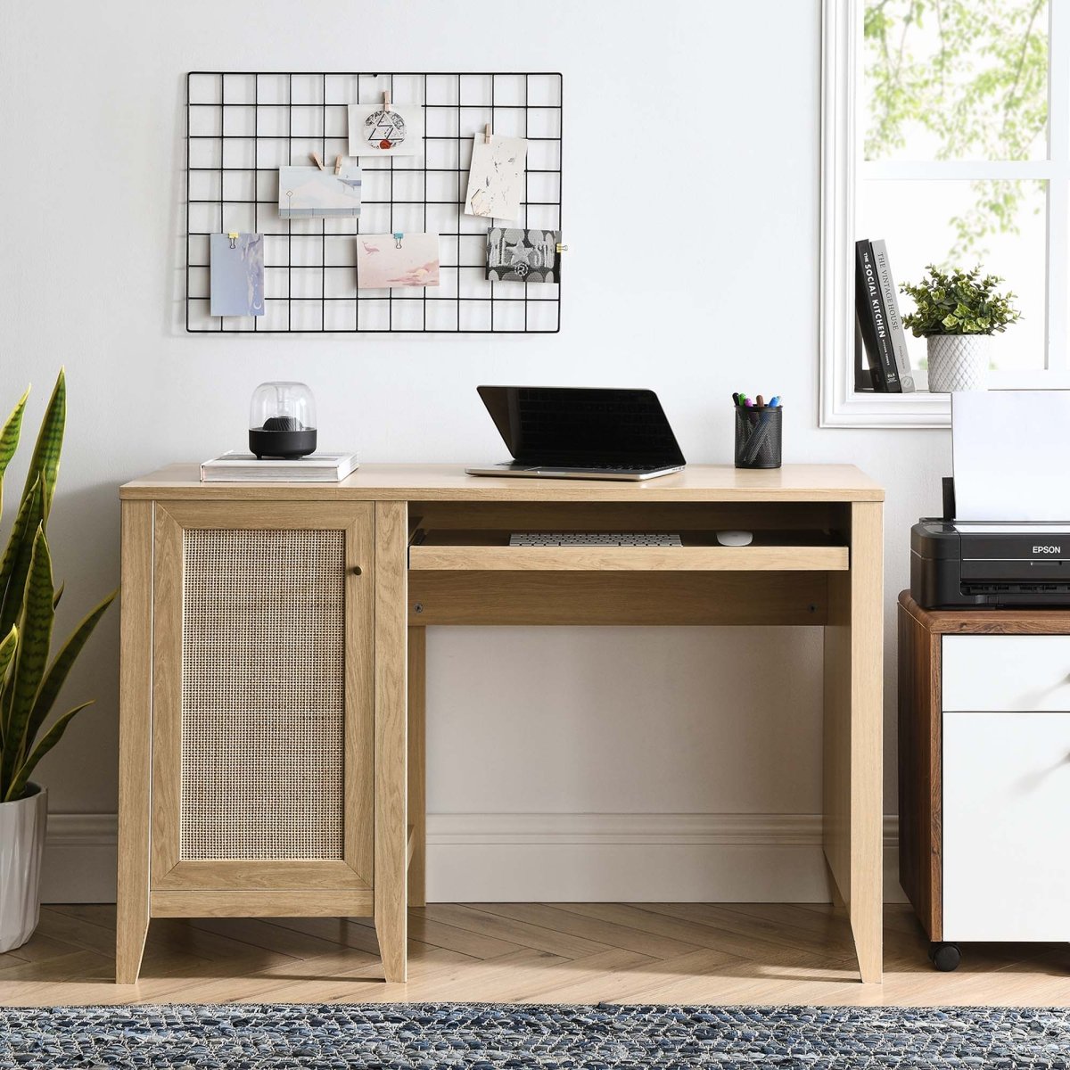 47" Oak Rattan Office Desk with Storage - Workspace - Alpine Outlets