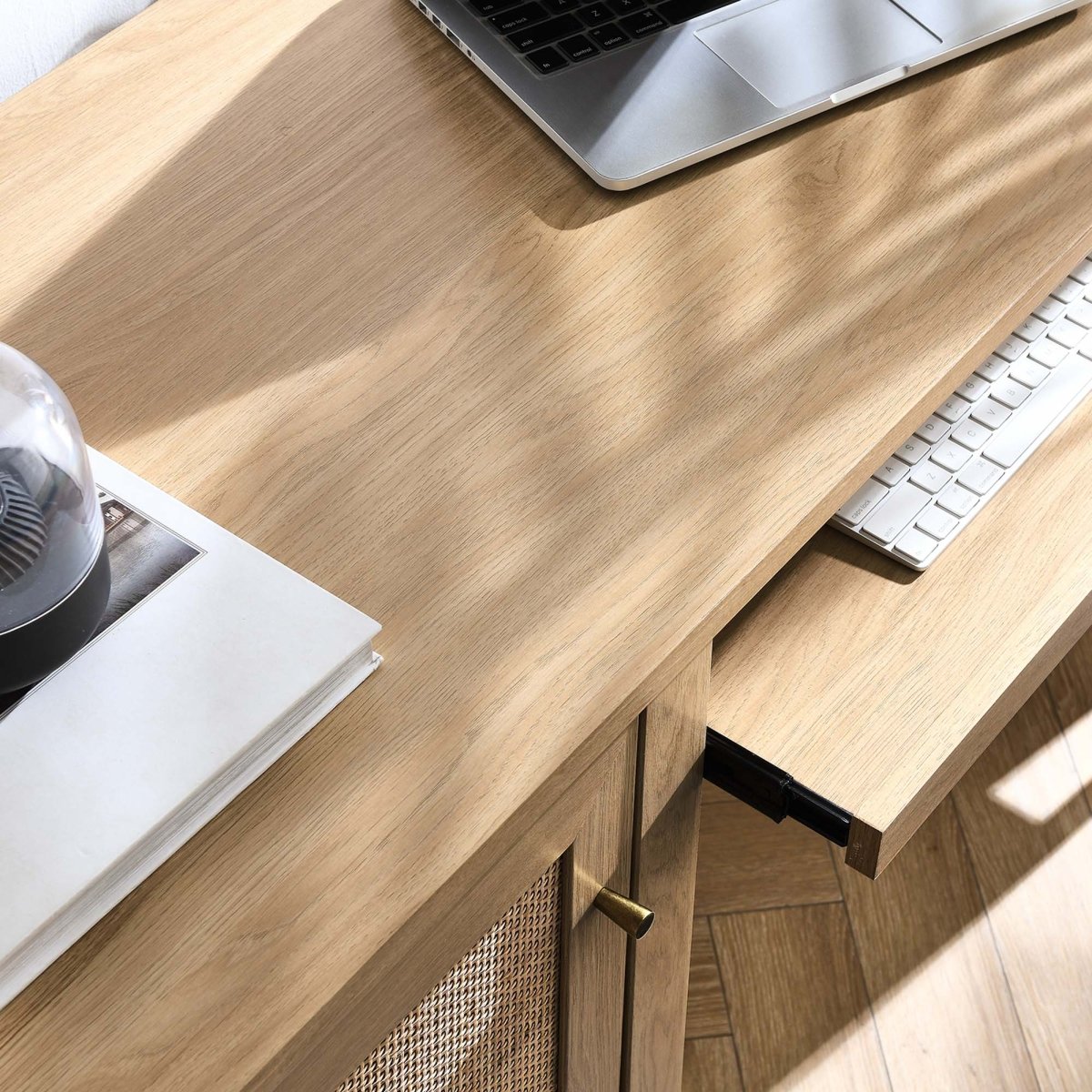 47" Oak Rattan Office Desk with Storage - Workspace - Alpine Outlets