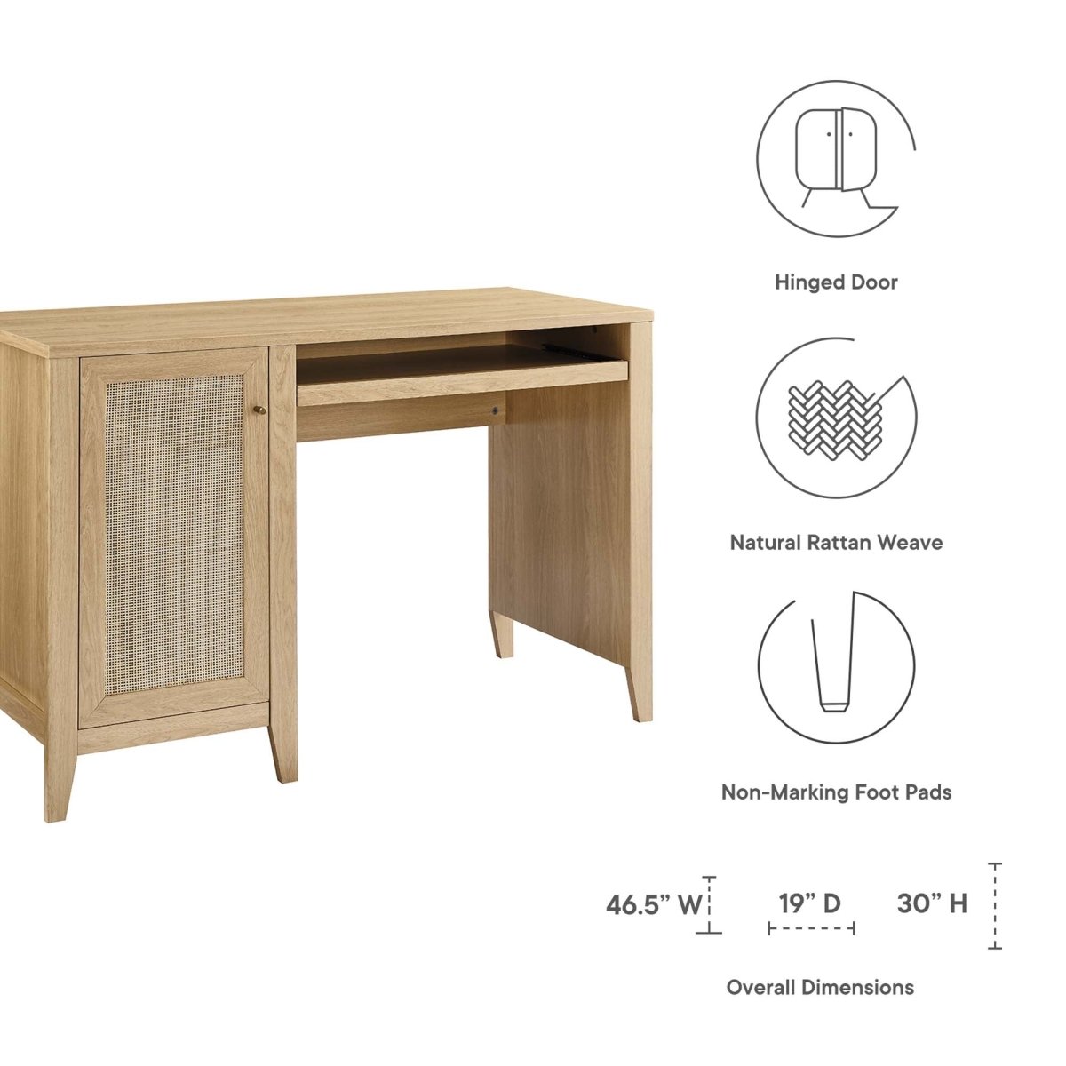 47" Oak Rattan Office Desk with Storage - Workspace - Alpine Outlets