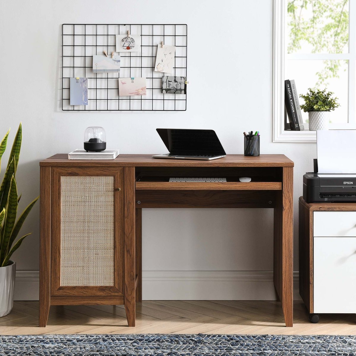 47" Walnut Rattan Office Desk with Storage - Workspace - Alpine Outlets