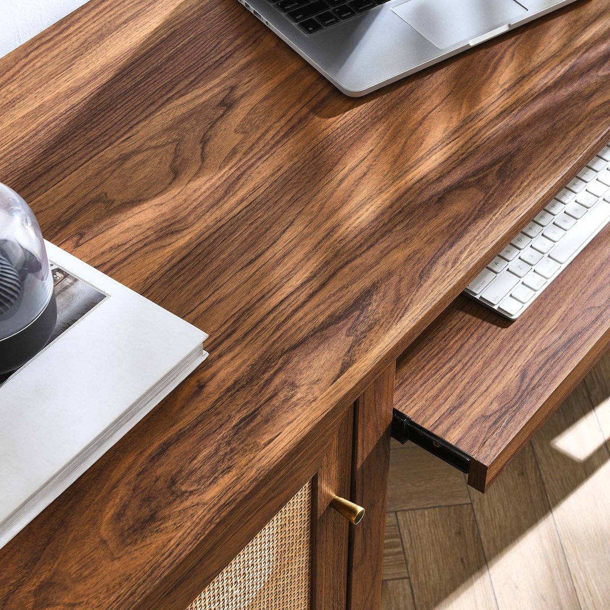 47" Walnut Rattan Office Desk with Storage - Workspace - Alpine Outlets