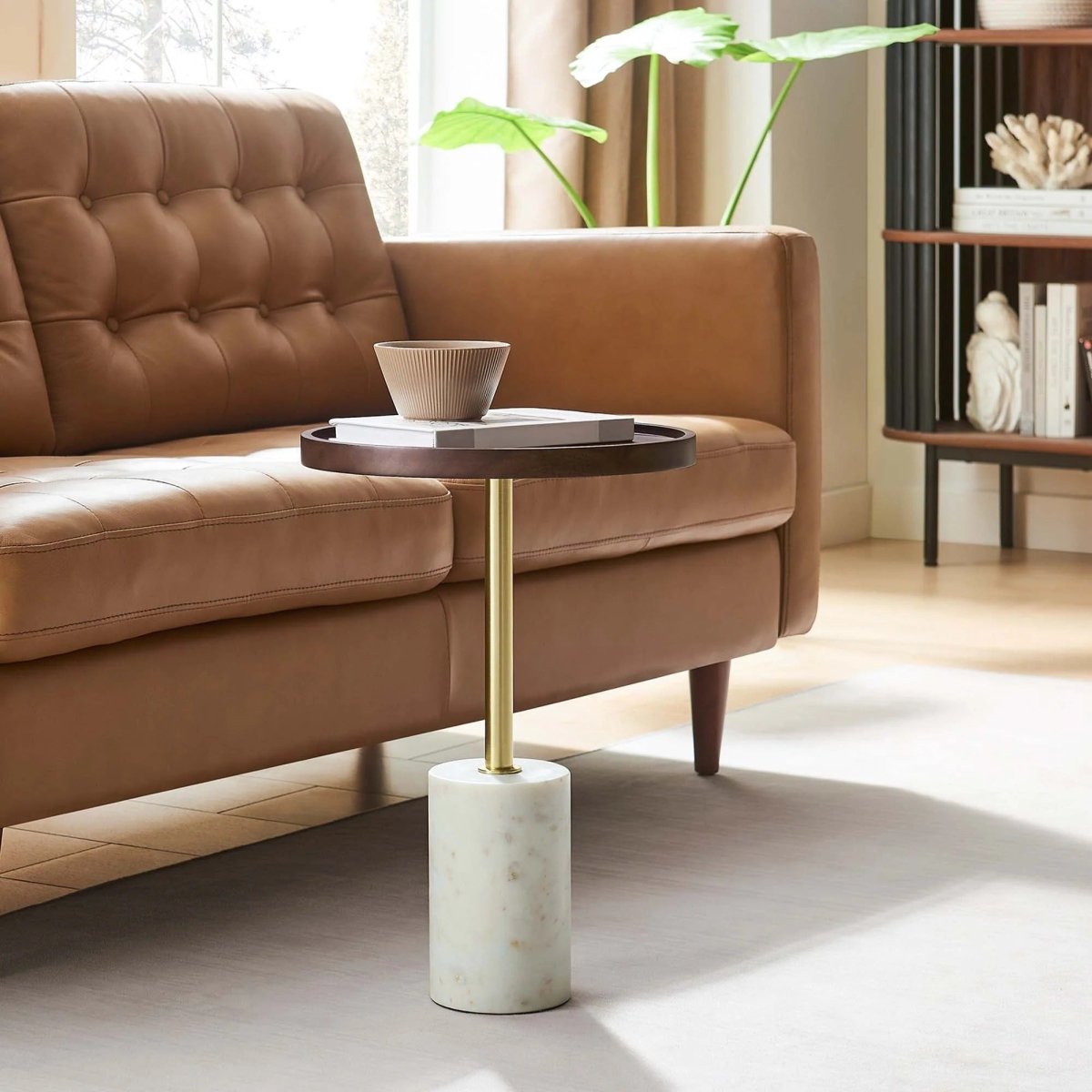 Round Acacia Wood Side Table with Marble Base β 14 Inch - End & Side Tables available at Alpine Outlets in Denver