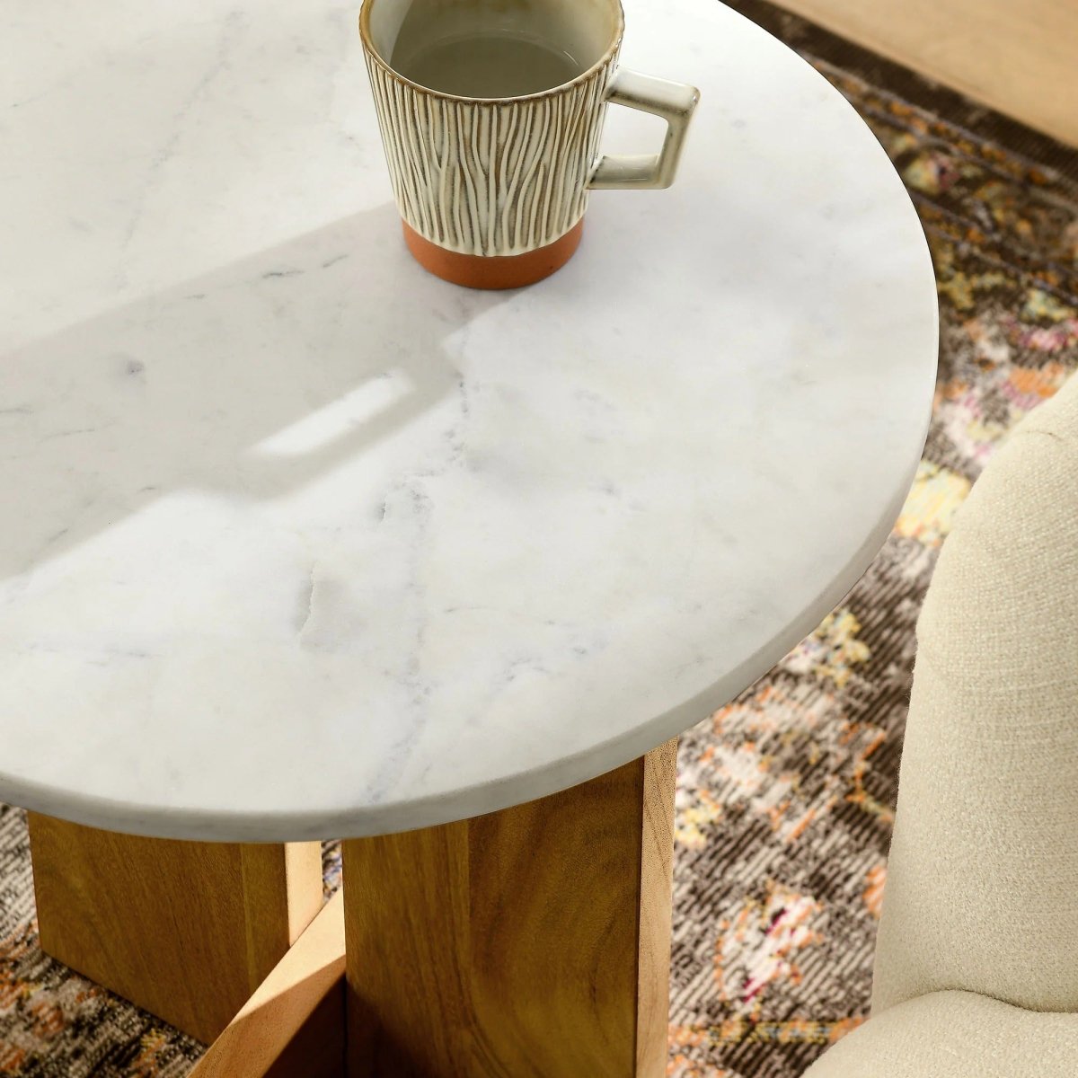 Round Marble Top Side Table with Acacia Wood Base – 18 Inch - End & Side Tables available at Alpine Outlets in Denver