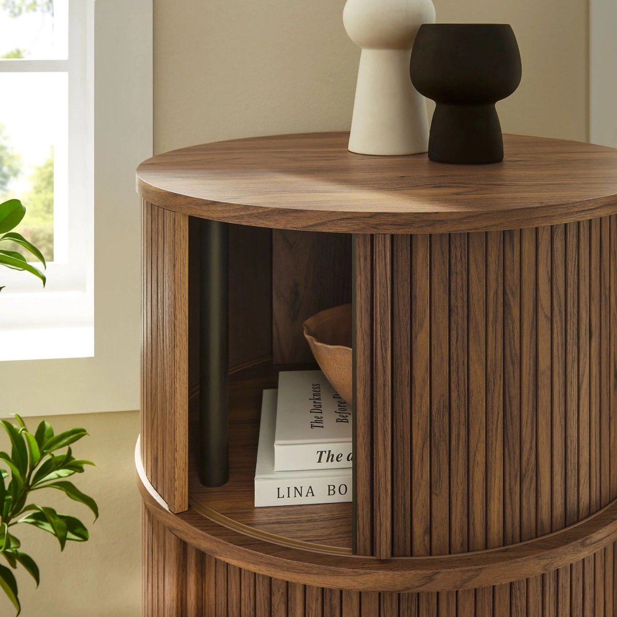 Round Pedestal Storage Table with Tambour Doors – 23 Inch - End & Side Tables available at Alpine Outlets in Denver
