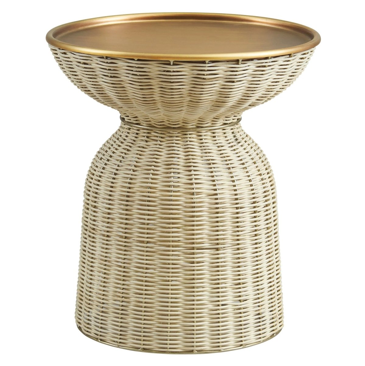 Round Rattan Side Table with Metal Tray – Brass Natural 17 Inch - End & Side Tables available at Alpine Outlets in Denver