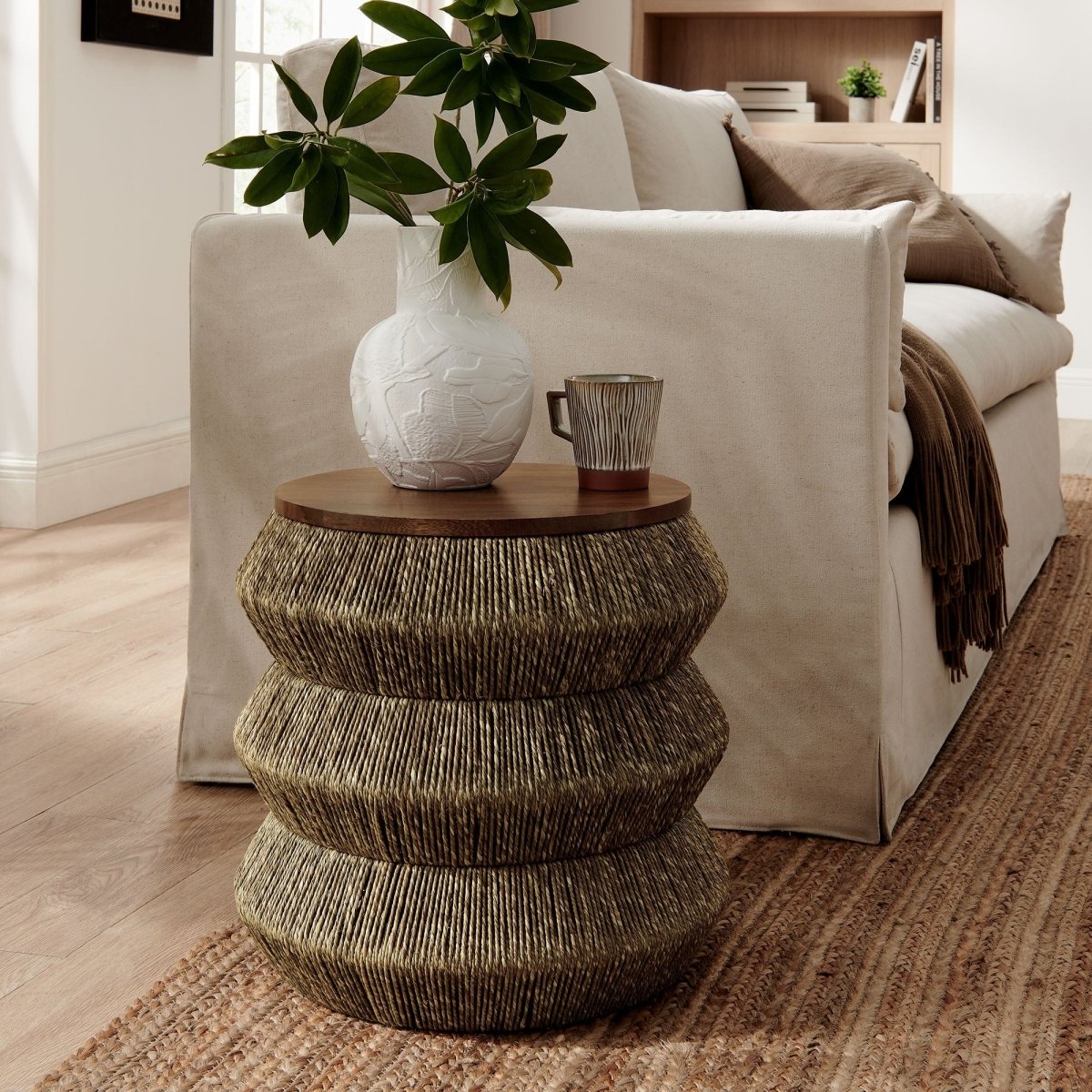 Round Seagrass and Wood Side Table Drum Design – 18 Inch - End & Side Tables available at Alpine Outlets in Denver