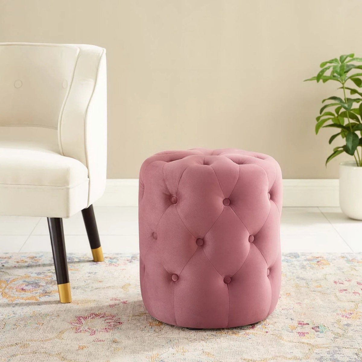 Round Tufted Velvet Ottoman – Upholstered Accent 16 Inch - Ottomans available at Alpine Outlets in Denver
