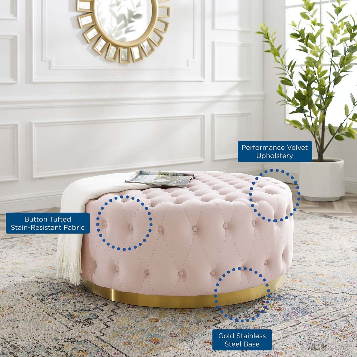 Round Tufted Velvet Ottoman with Gold Base – 40 Inch - Ottomans available at Alpine Outlets in Denver