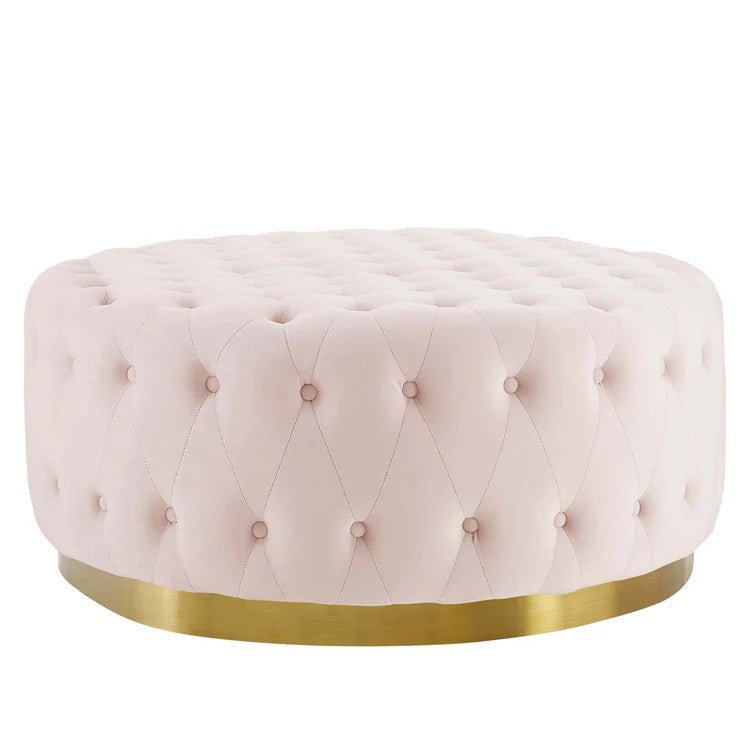 Round Tufted Velvet Ottoman with Gold Base – 40 Inch - Ottomans available at Alpine Outlets in Denver