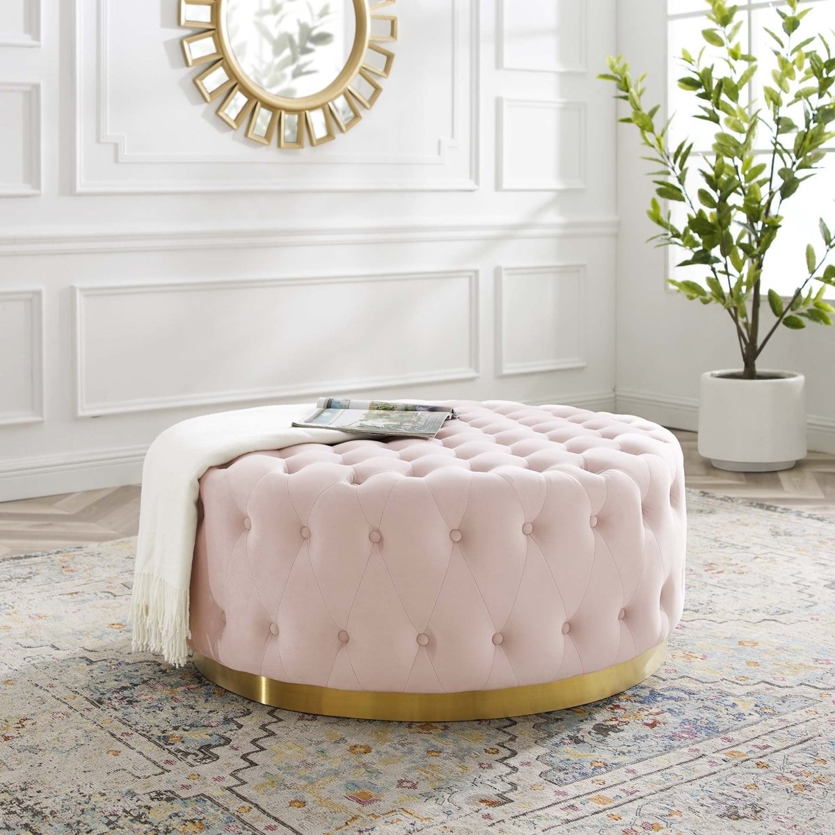 Round Tufted Velvet Ottoman with Gold Base – 40 Inch - Ottomans available at Alpine Outlets in Denver