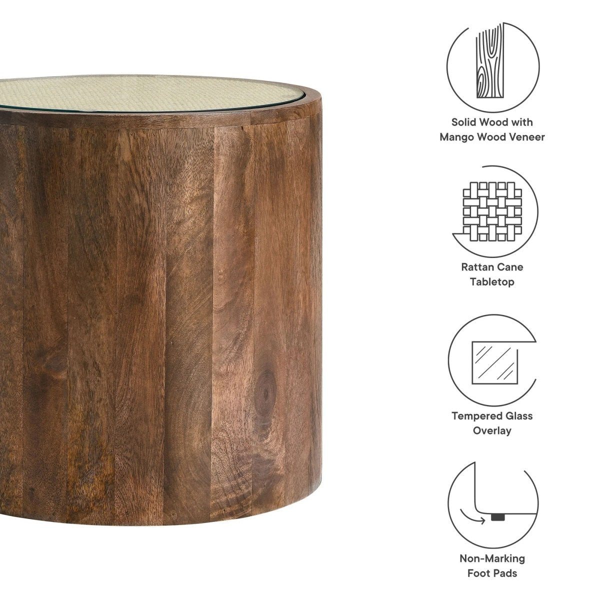 Round Wood Rattan Side Table with Glass Top – Walnut 18 Inch - End & Side Tables available at Alpine Outlets in Denver