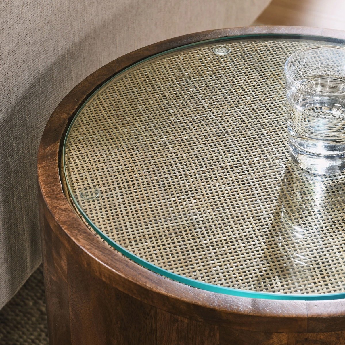 Round Wood Rattan Side Table with Glass Top – Walnut 18 Inch - End & Side Tables available at Alpine Outlets in Denver