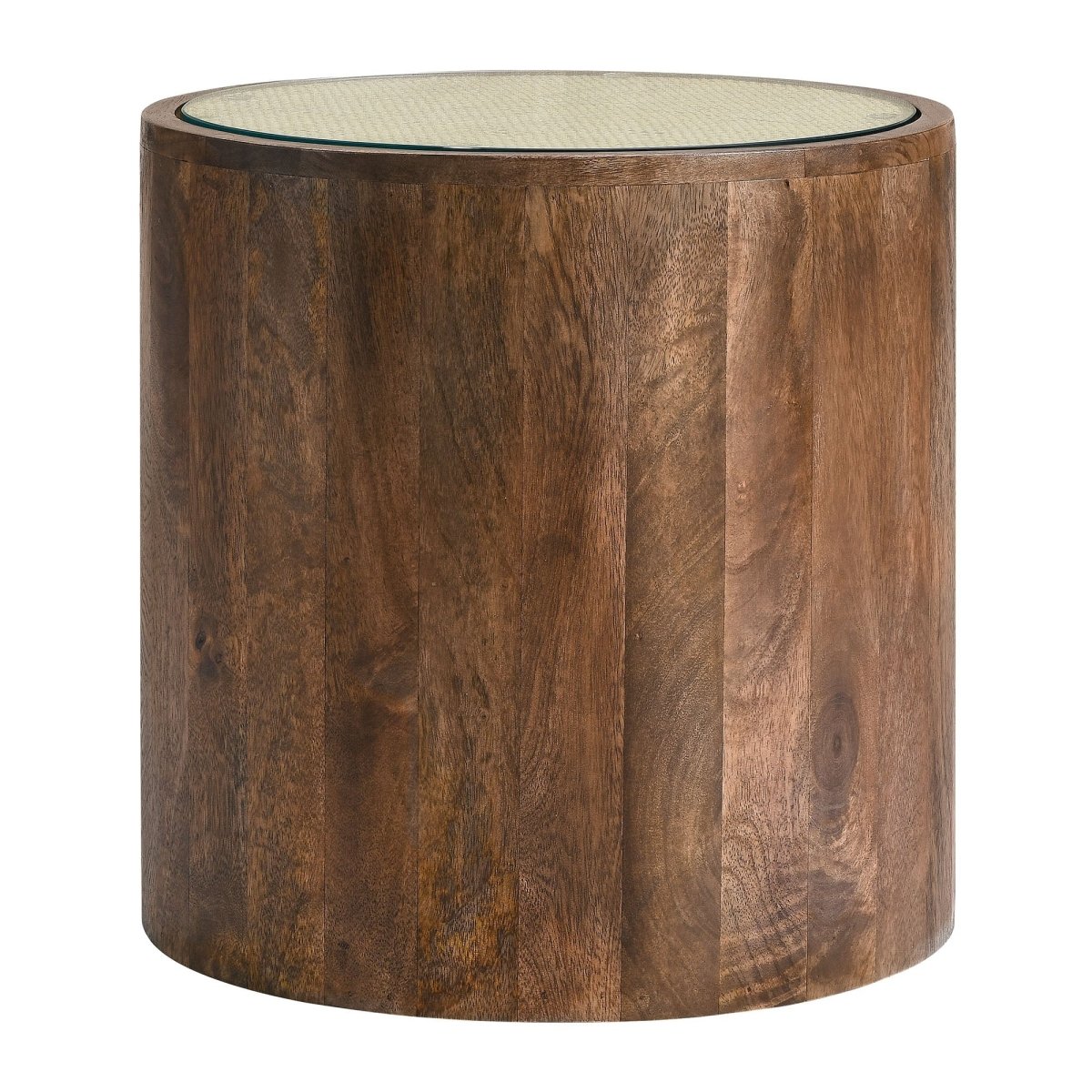 Round Wood Rattan Side Table with Glass Top – Walnut 18 Inch - End & Side Tables available at Alpine Outlets in Denver